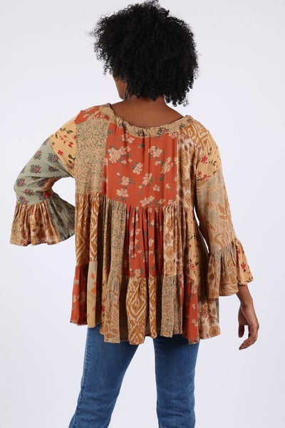 Ruffle Sleeve Boho Top - Rust Mix