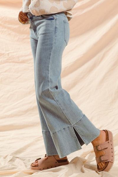 Wide Leg Flare Jeans with Side Slits - Light Denim