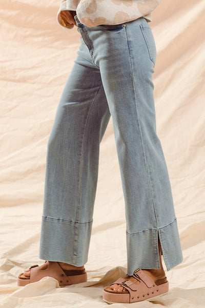 Wide Leg Flare Jeans with Side Slits - Light Denim
