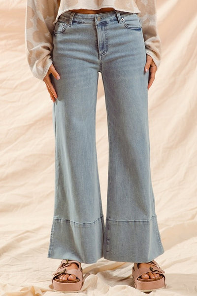 Wide Leg Flare Jeans with Side Slits - Light Denim