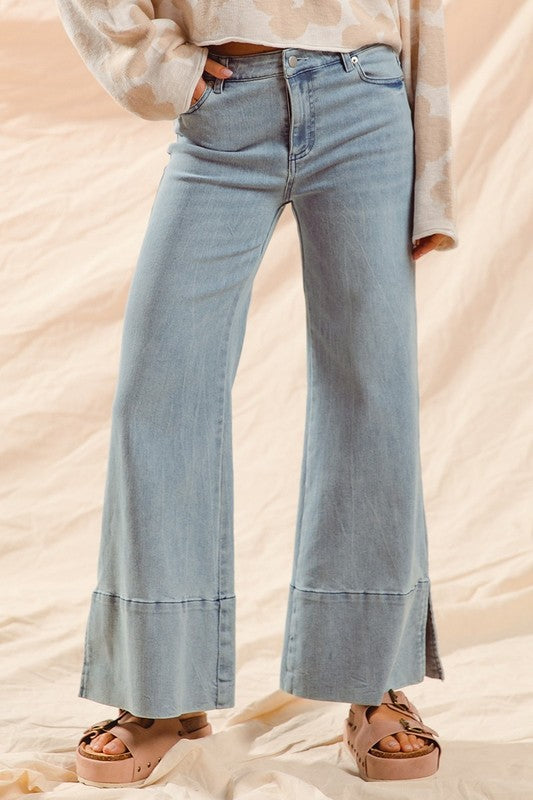 Wide Leg Flare Jeans with Side Slits - Light Denim