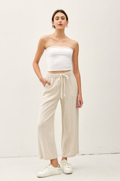 Cropped Striped Linen Blend Pants - Natural