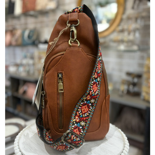 Flower Embroidered Strap Sling Bag - Tan