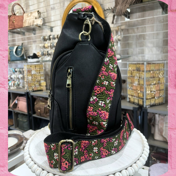 Flower Embroidered Strap Sling Bag - Black