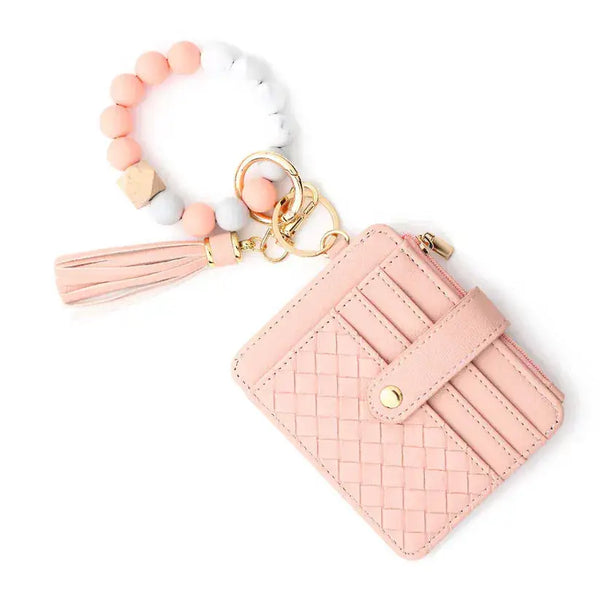 Quilted Beaded Keychain Bracelet Wallet - Pink