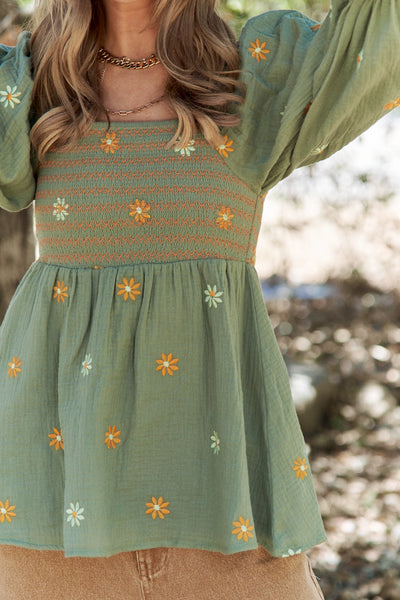 Gauze Floral Embroidered Peplum Top - Olive