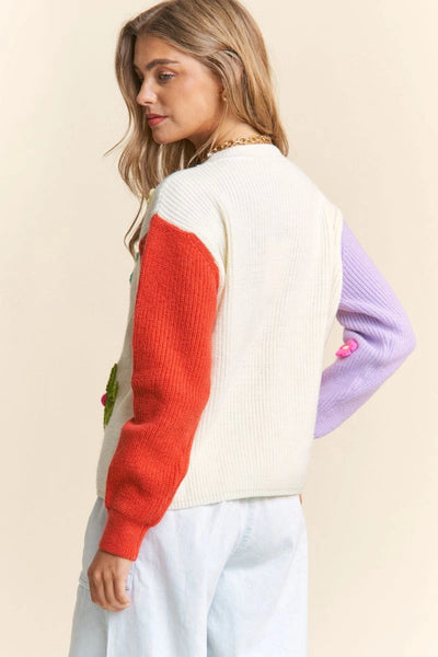 Multicolored Crochet Floral Knit Sweater - Multi