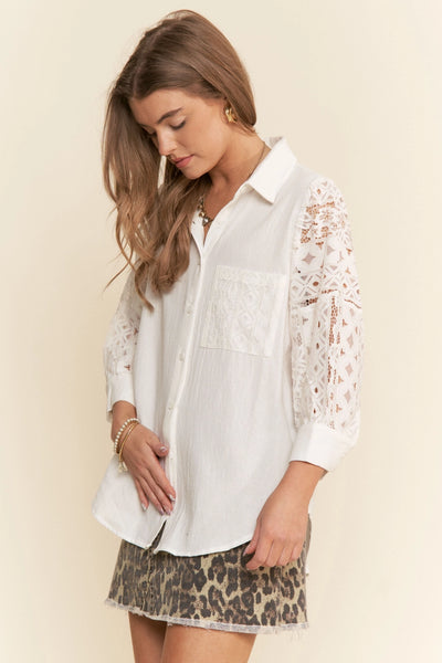 Lace Sleeve Button Up Blouse - White