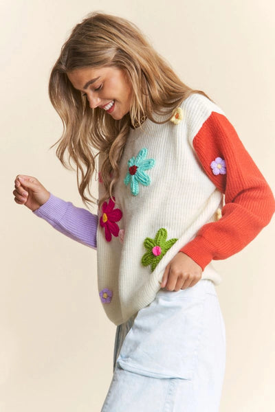 Multicolored Crochet Floral Knit Sweater - Multi