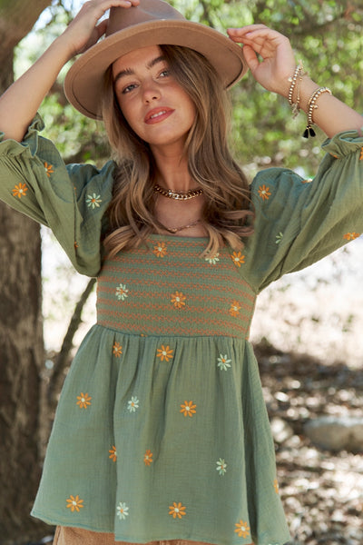 Gauze Floral Embroidered Peplum Top - Olive