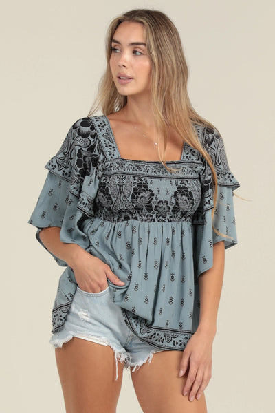 Ruffle SleeveSmocked Blouse - Slate