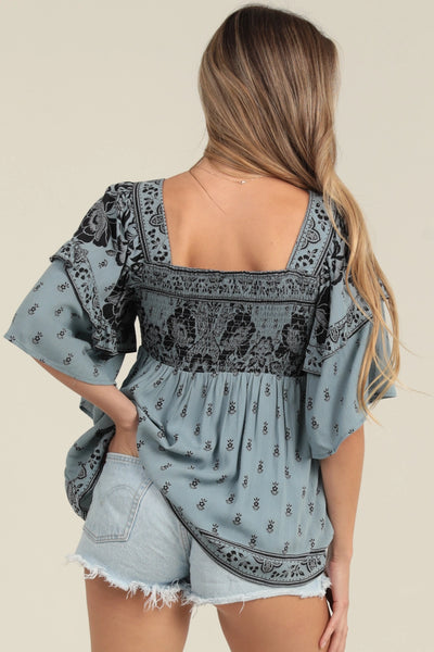 Ruffle SleeveSmocked Blouse - Slate