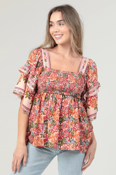 Square Neck Ruffle Sleeve Printed Blouse - Multi
