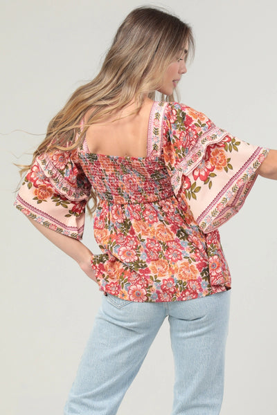 Square Neck Ruffle Sleeve Printed Blouse - Multi