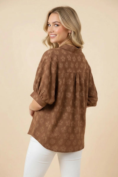 Button Front Collared Blouse - Brown