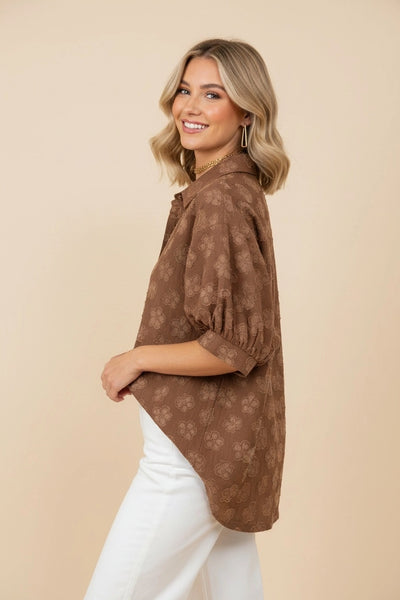 Button Front Collared Blouse - Brown