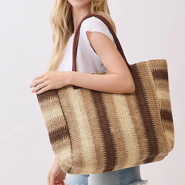 Multi Color Stripe Straw Tote Bag - Brown