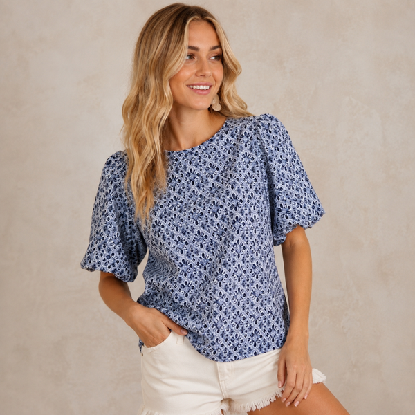 Knit Bubble Sleeve Printed Top - Navy