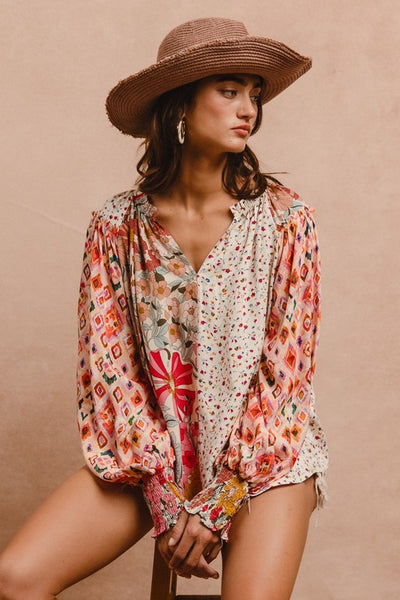 Floral Print Peasant Top - Rose Mix