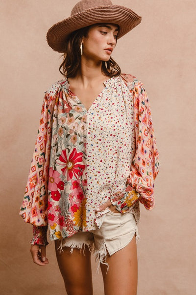 Floral Print Peasant Top - Rose Mix