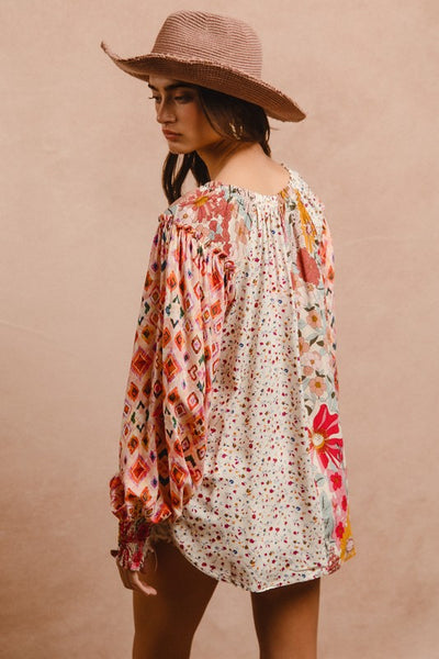 Floral Print Peasant Top - Rose Mix