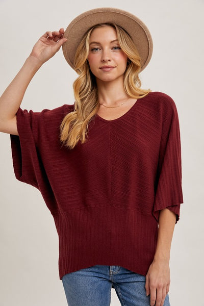 V-Neck Dolman Sleeve Top - Maroon