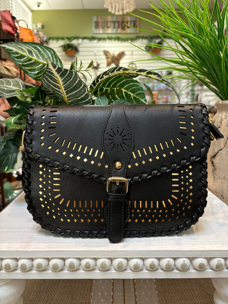 Laser Cut Whipstitch Crossbody Bag - Black