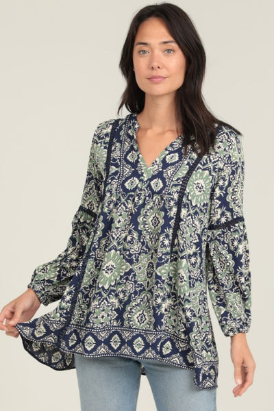 Bohemian Long Sleeve Tunic Top - Navy/Green