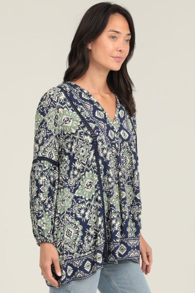 Bohemian Long Sleeve Tunic Top - Navy/Green
