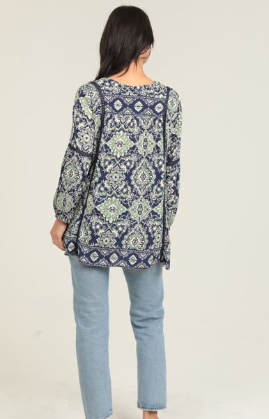 Bohemian Long Sleeve Tunic Top - Navy/Green