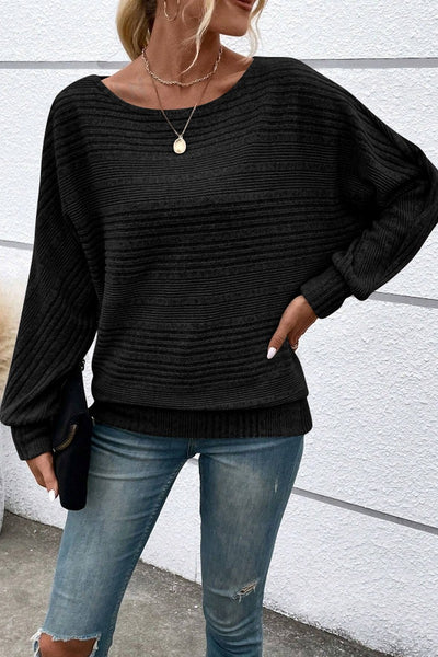 Ribbed Batwing Sleeve Top - Black