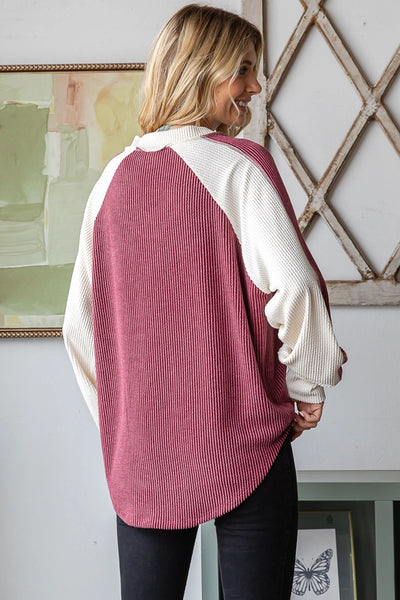 V-Neck Color Block Knit Top- Burgundy