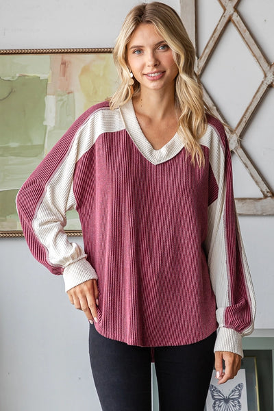 V-Neck Color Block Knit Top- Burgundy