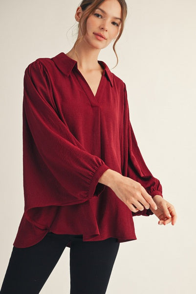 Batwing Sleeve Crinkle Top - Burgundy