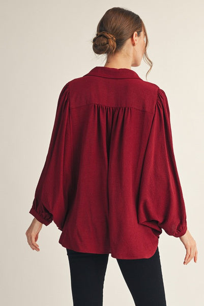 Batwing Sleeve Crinkle Top - Burgundy