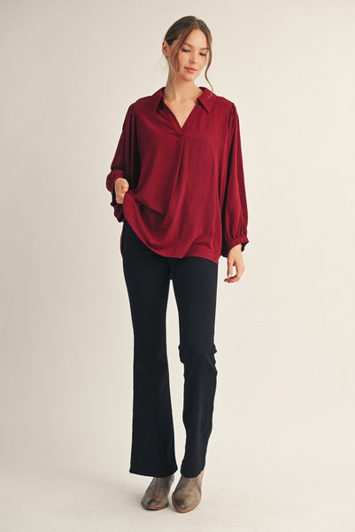 Batwing Sleeve Crinkle Top - Burgundy
