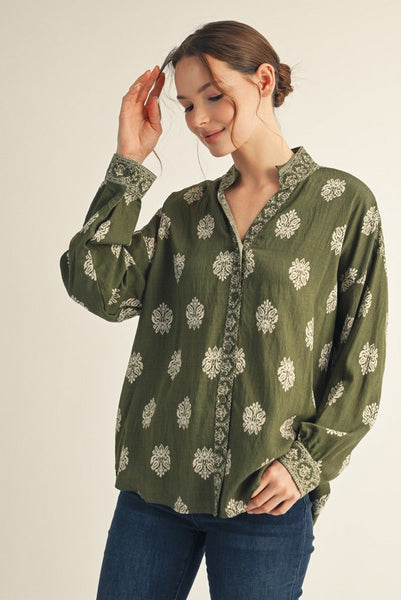 Drop Shoulder Button Up Top - Olive