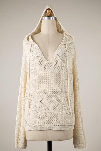 Crochet Multi Knit Pattern Hoodie w/ Pocket - Cream