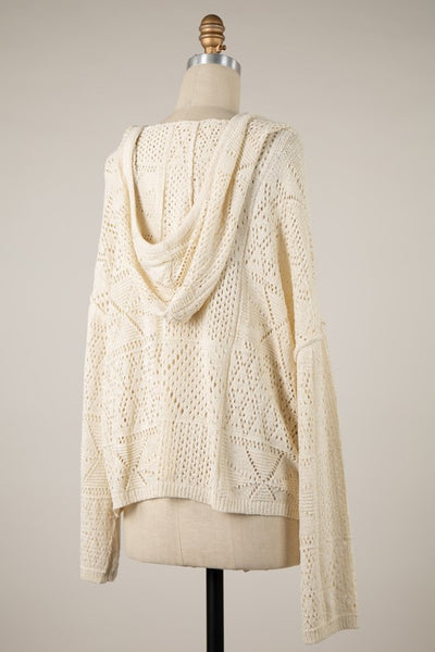 Crochet Multi Knit Pattern Hoodie w/ Pocket - Cream