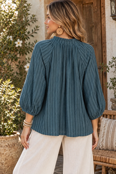 Textured Tie Neck Blouse - Teal Blue