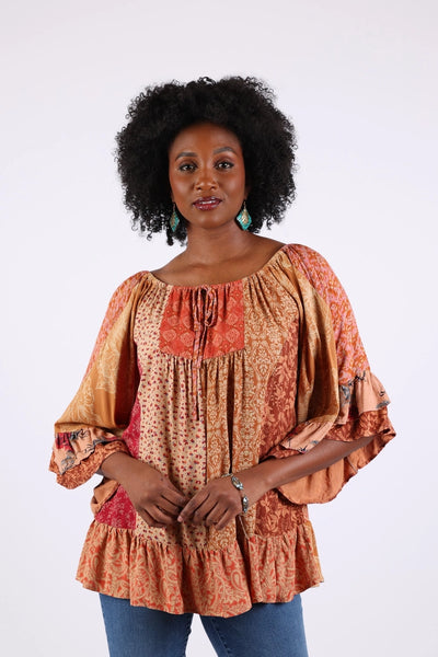 Ruffle Sleeve Boho Top - Rust Mix
