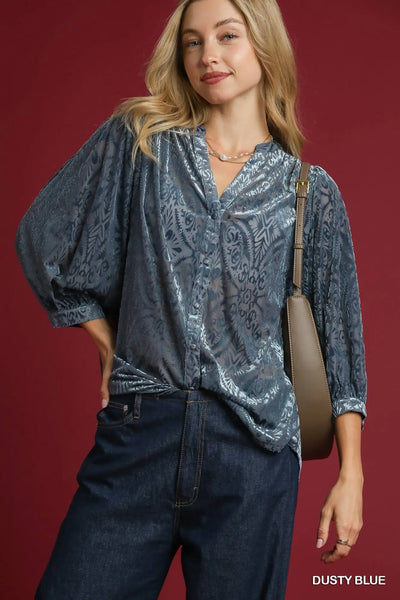 Burnout Velvet Button Down Top - Dusty Blue
