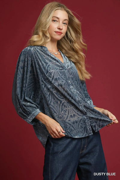 Burnout Velvet Button Down Top - Dusty Blue