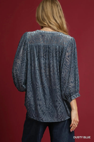 Burnout Velvet Button Down Top - Dusty Blue