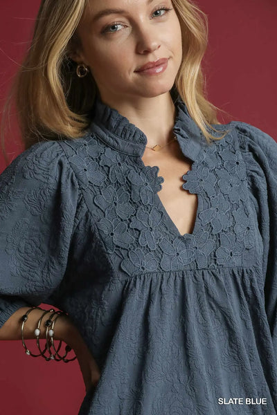 Textured Jacquard Floral Dress - Slate Blue