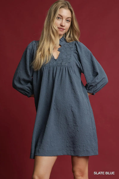 Textured Jacquard Floral Dress - Slate Blue