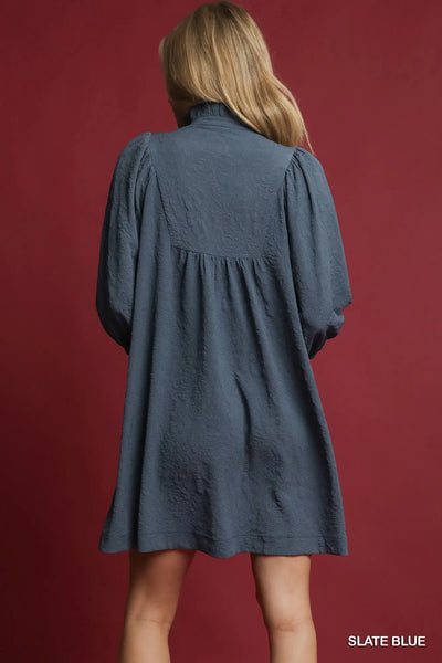 Textured Jacquard Floral Dress - Slate Blue