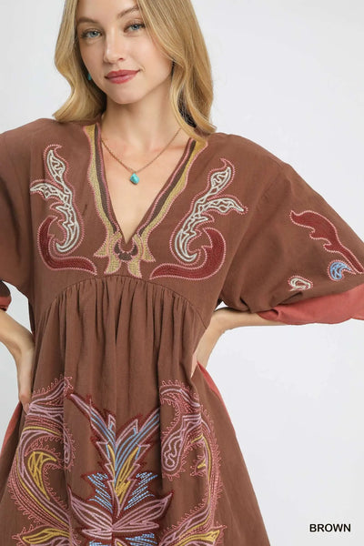 Embroidered Bohemiam Dress - Brown