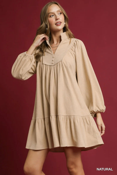 Corduroy Tiered Babydoll Dress - Natural