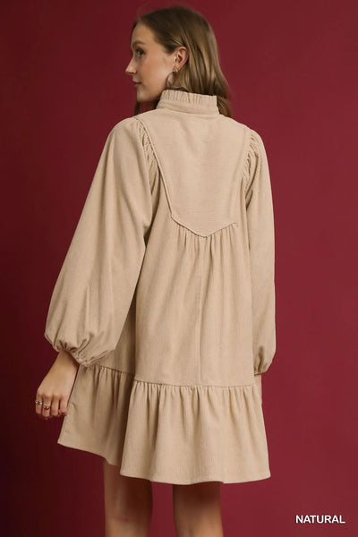 Corduroy Tiered Babydoll Dress - Natural